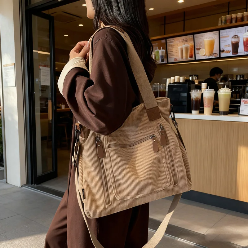 Ladies' large capacity tote bag with thick corduroy, simple design for ladies, single shoulder bag for commuting, crossbody bag