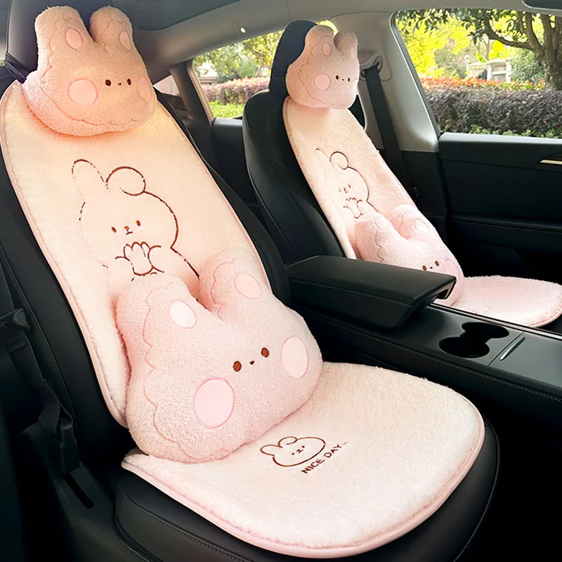 Cute Cartoon Animal Pink Rabbit Car Seat Covers Cushion Cashmere Universal Car Pillow For Womens Auto Interior Decor Accessories