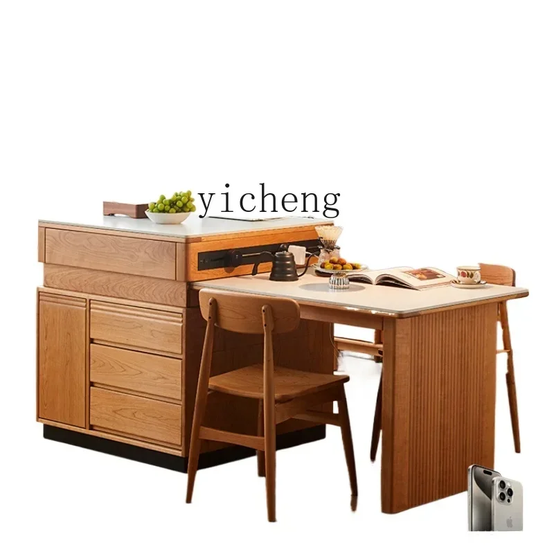 

solid wood island dining table integrated household small apartment retractable bar table rock slab middle island dining table