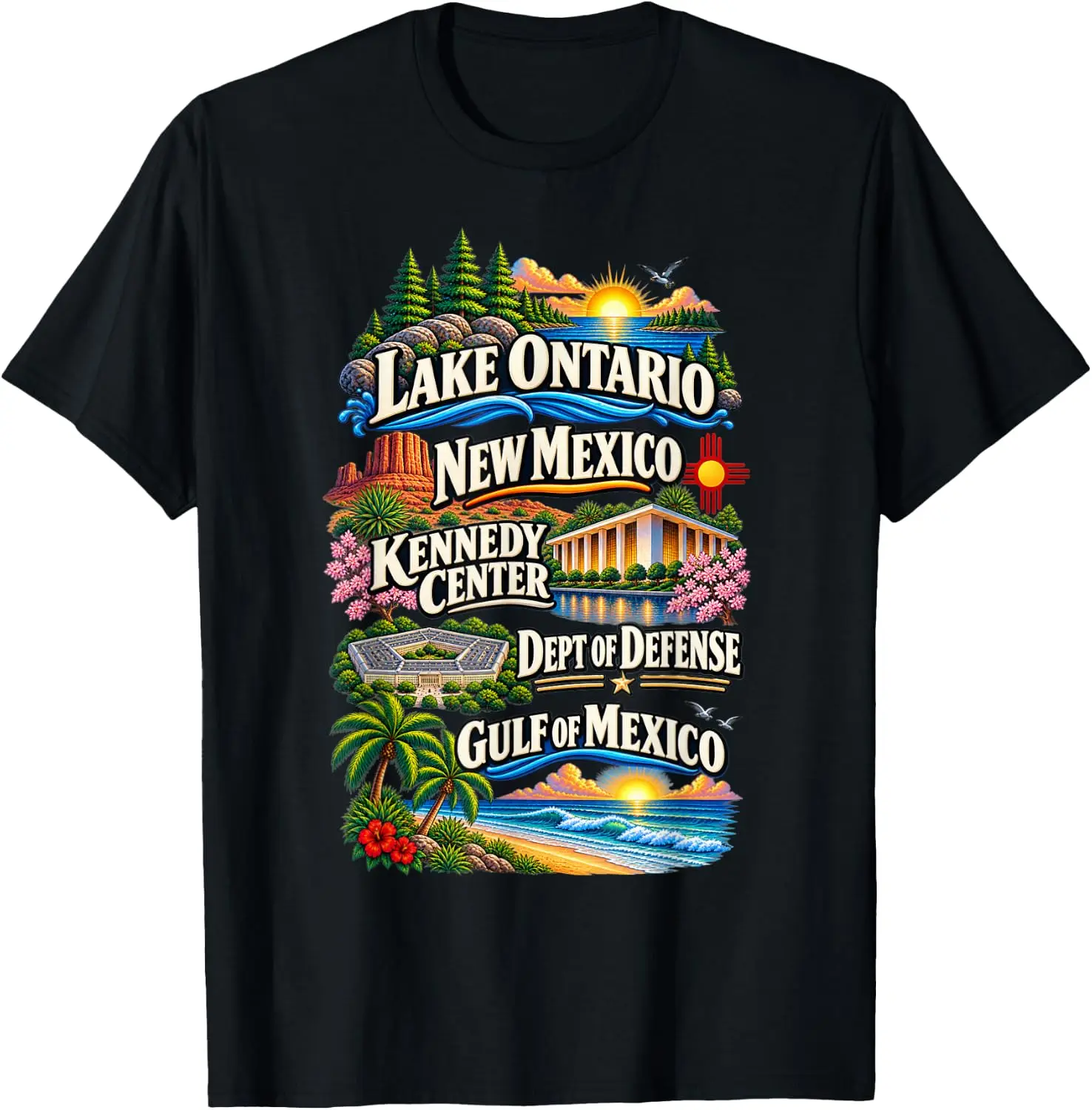 American History Gulf Of Mexico Kennedy Center Lake Ontario T-Shirt Unisex Vintage Graphic Print T‑Shirt Retro Aesthetic Crew Neck Short Sleeve Soft Cotton Tee Casual Streetwear Tops Men.Unisex Holiday Festive Graphic Tee Party