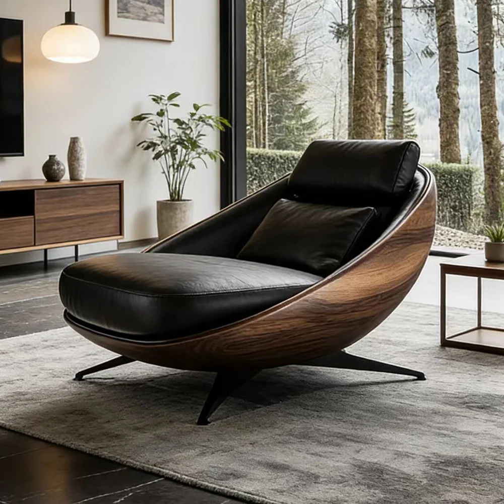 Modern luxury walnut leather lounge chair, ergonomic chaise longue, living room furniture armchair