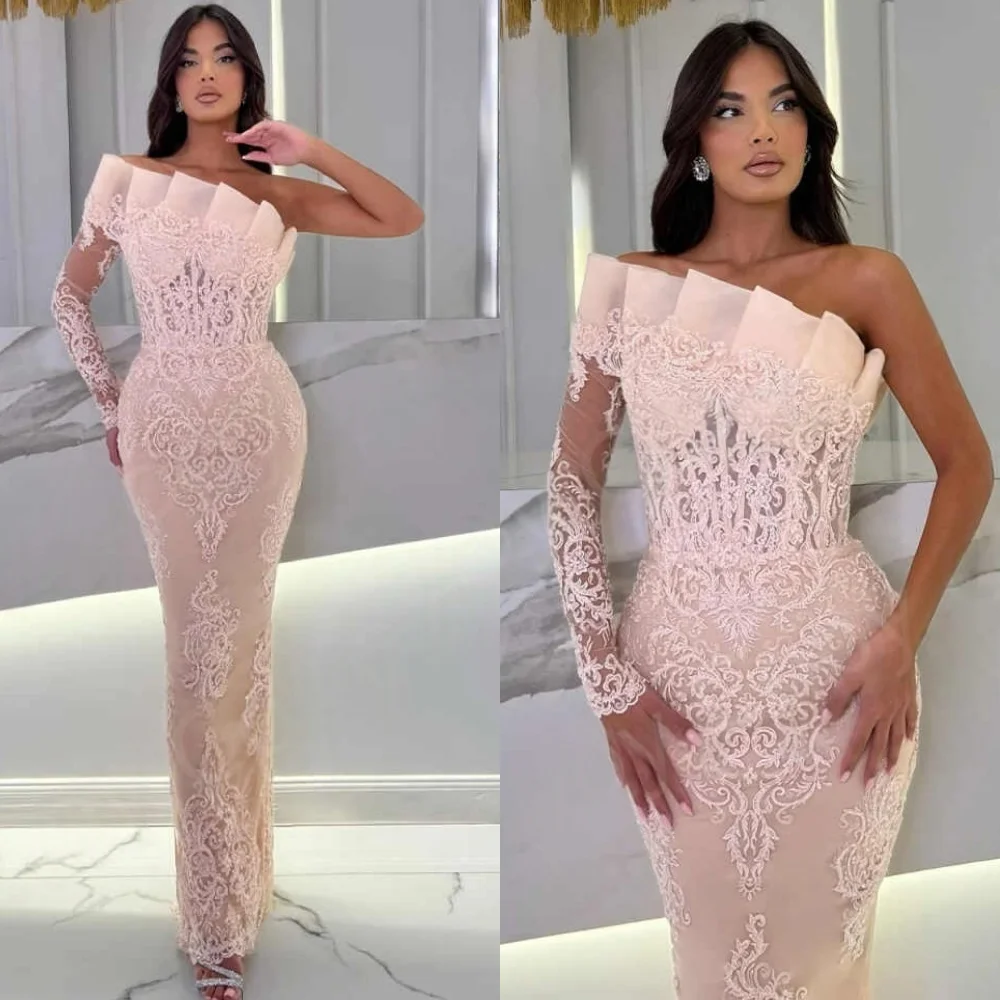 

Customized Formal Pink Lace Evening Dress Modern Strapless One Shoulder Long Sleeves Prom Dress Mermaid Special Occasion Gowns