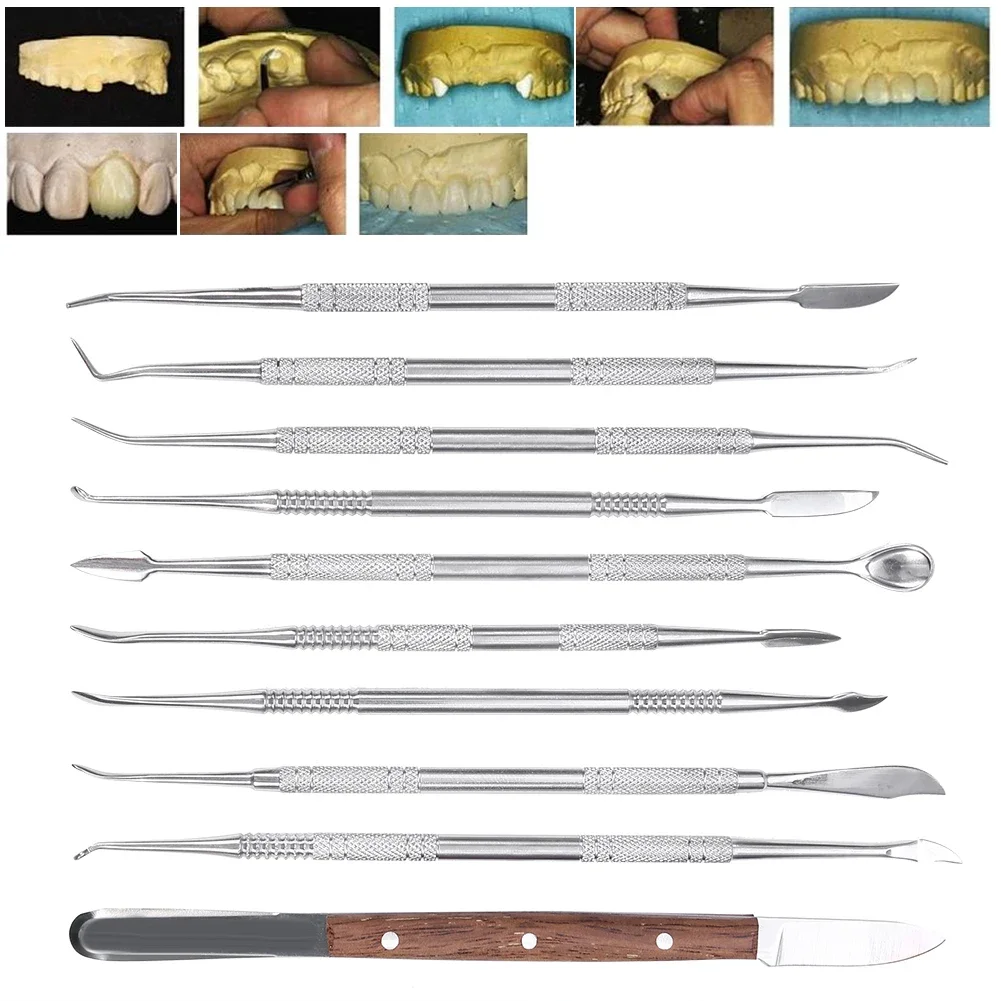 

10 Pcs Portable Stainless Steel Dentist Dental Wax Sculpture Teeth Clean Sterilize Tool Set Kit Dental Lab Equipment With PU Bag