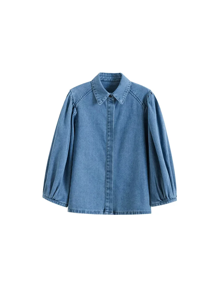 

GELITAYIN Women's Fashion Front Button Denim Blouse Lapel Collar Three-Quarter Puff Sleeve Chic Top Female Shirt