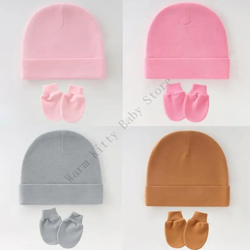 3 ชุดน่ารักพิมพ์ผ้าฝ้ายนุ่มหมวกเด็กและถุงมือฤดูใบไม้ผลิฤดูร้อน Unisex เด็กโรงพยาบาล Beanies หมวก Anti-Scratch Mittens สําหรับ 0-6M