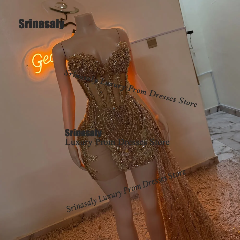 Customized Sexy Diamond Corset Short Prom Dresses African Glitter Strapless Sequins Birthday Dresses Handmade Mermaid Party Gown