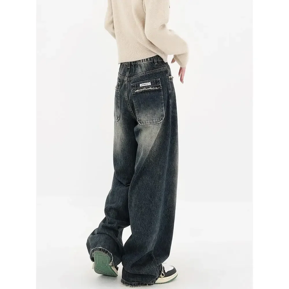Deeptown Harajuku Streetwear Retro Fashion Autumn Women High Waist Jeans Loose Wide Leg Straight Denim Trousers Y2K Baggy Pants