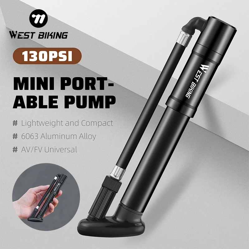 

WEST BIKING Mini Portable Bicycle Pump 130PSI Aluminum Alloy MTB Road Bike Hand Pump For Schrader Presta Cycling Tire Inflator