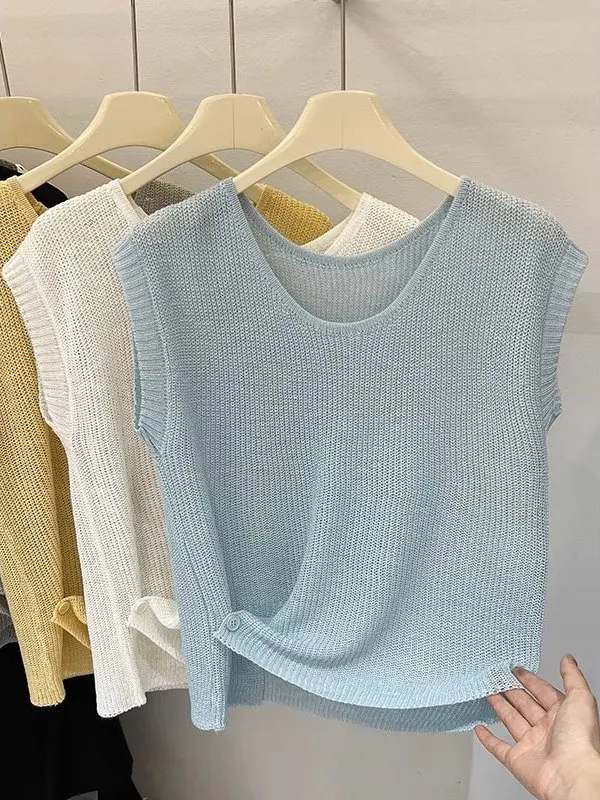 Blue U-Neck Sleeveless Ice Silk Linen Knitted T-Shirt Women Summer Design Unique Attractive Top Comfortable Breathable Loose Fit