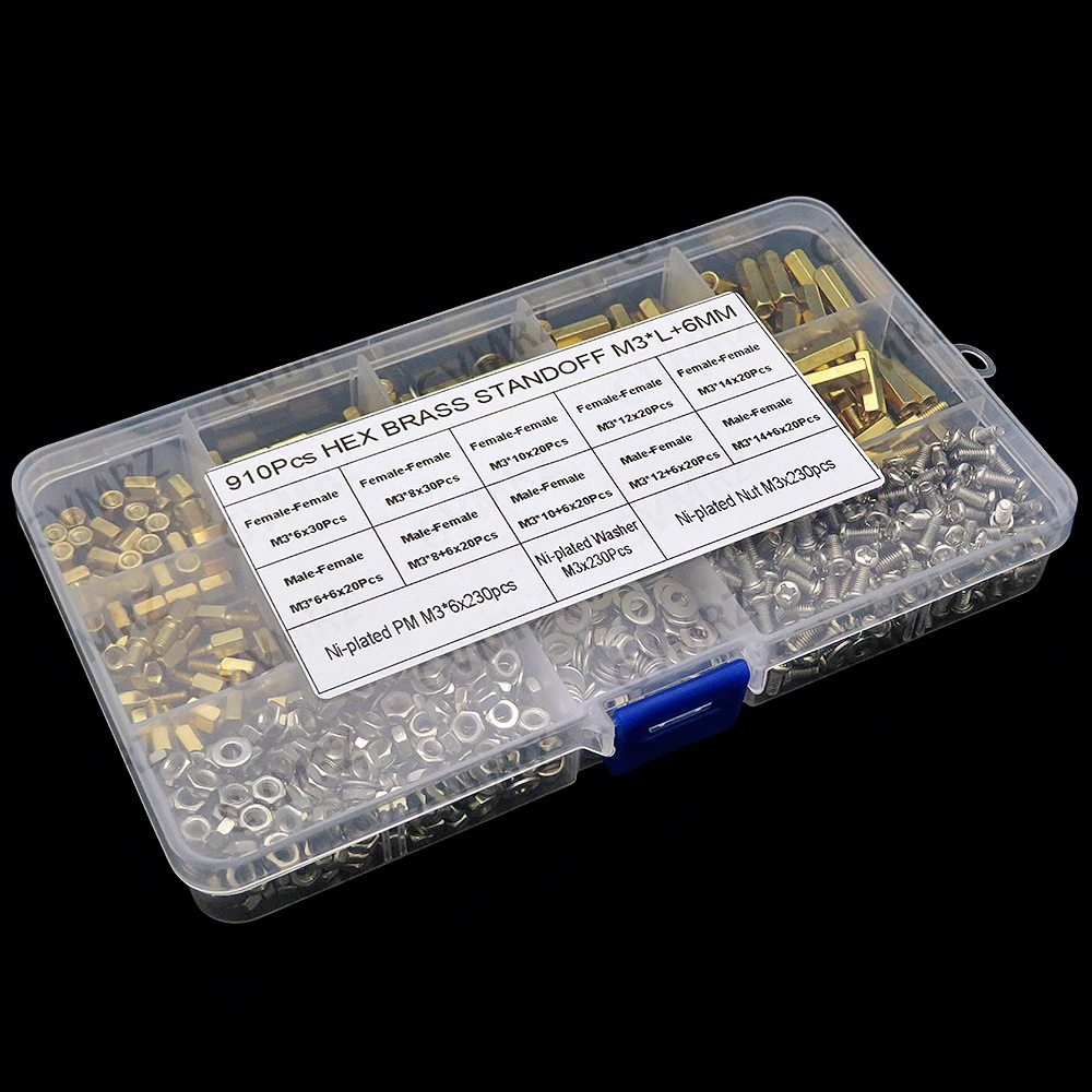 910PCS M3 Solid Brass Copper PCB Board Hex Hexagon Standoff Pillar Spacer Column Screw Nut Assortment Kit Set  M3 Solid Brass