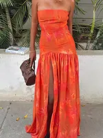 Sexy Orange Long Vestido Women Chic high slit Printed Off Strapless Pleated Sleeveless Maxi Dress  Summer Vacation Lady Wear