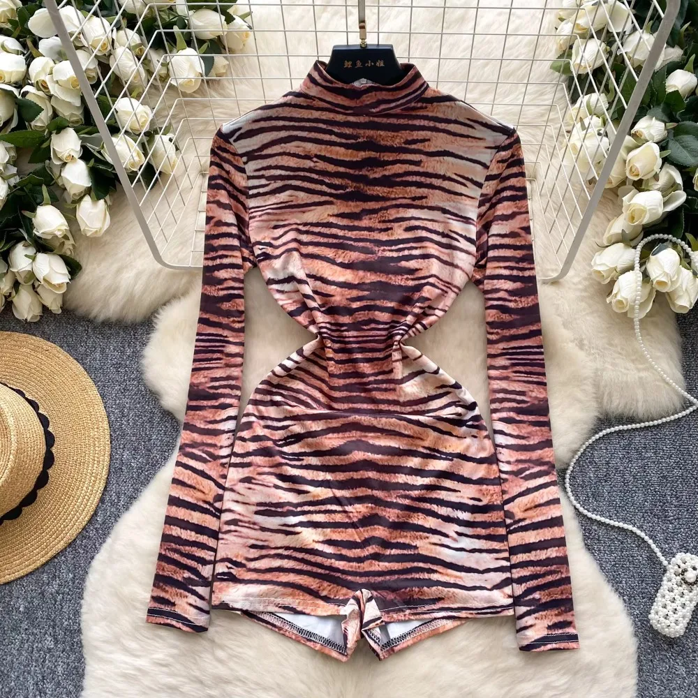 Hotsweet Half High Collar Leopard Print Vintage Chic Long Sleeves Slim Rompers Evening Sexy Fashion High Street Short Pants