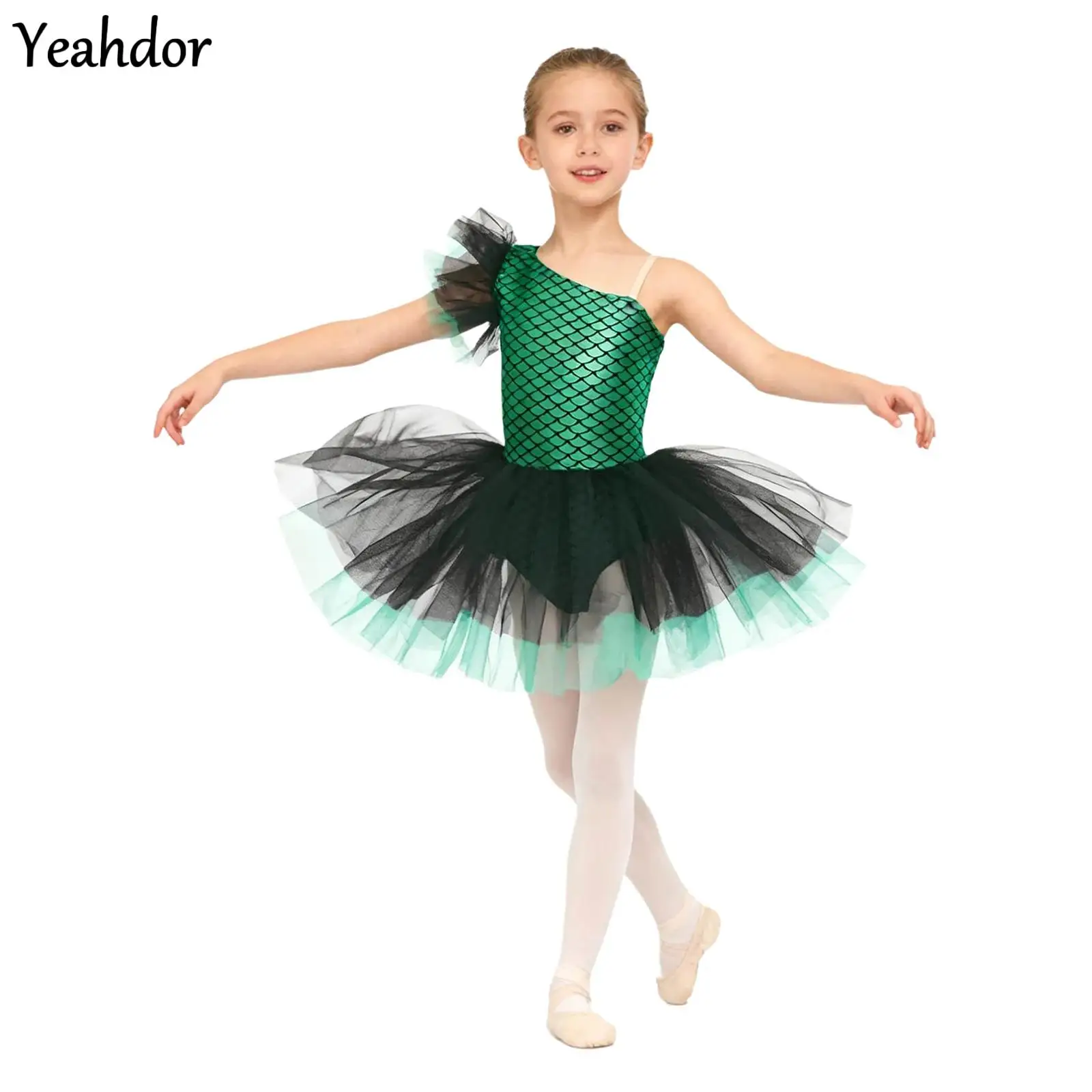 

Halloween Girls Mermaid Dance Leotard Ballerina Ballet Tutu Dress One Shoulder Fish Scales Metallic Gymnastics Skating Bodysuit