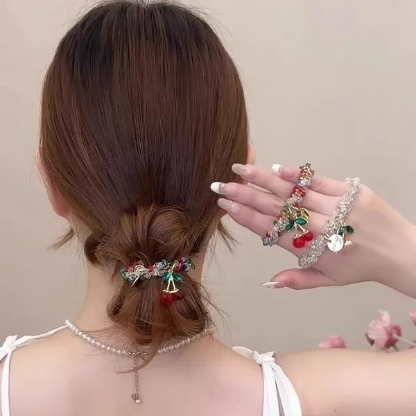 Women's Hair Tie Korean Versatile High-end And High Elasticity New Cherry Bracelet Dual-use Rhinestone Rubber Headband Wholesale