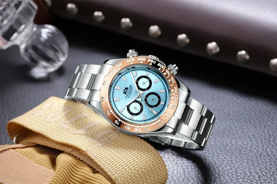 Automatic Watch for Men Mechanical Gold Stainless Steel Glacier Ice Blue Dial Chestnut Brown Bezel Luminous Reloj Hombre Baratos