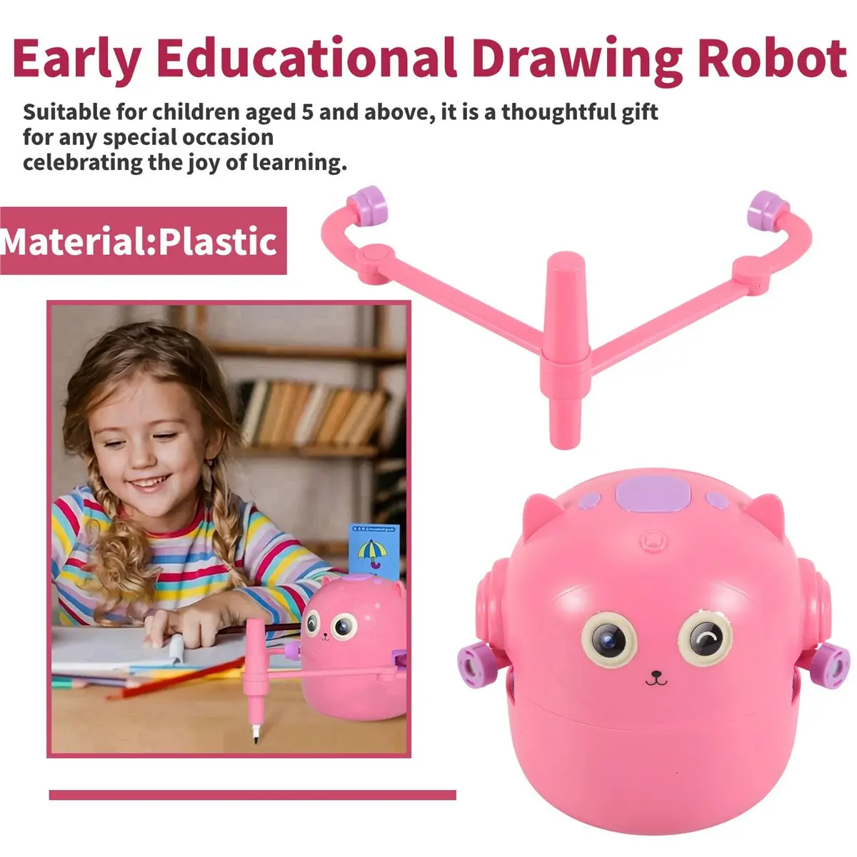workjob Interactive Educational Drawing Robot, 100 Drawing Cards,Intelligent Drawing Robot, Early Educational Drawing Robot Pink