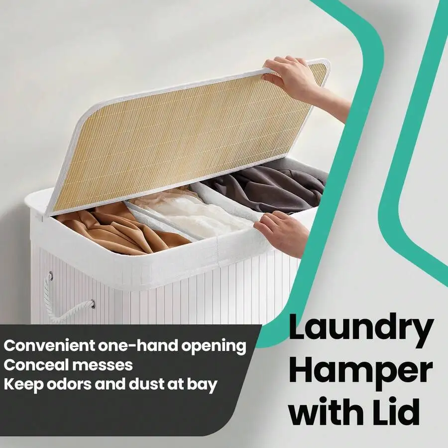 39.6 Gallons Laundry Hamper, 3-Section Laundry Basket, Laundry Hamper With Lid, Bamboo, Foldable, Removable And Machine Washable
