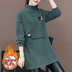 Women's Autumn Winter New Fashion Half High Neck Pullover Panel with Plush Thick Casual Long Sleeve Loose Mid Length Sweatshirts