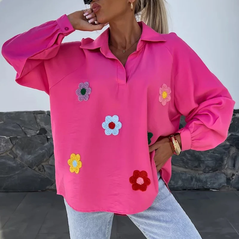 

Женская элегантная блузка с цветочным декором, модный свободный пуловер с воротником с лацканами, топы, Blusas, весенне-осенние повседневные рубашки с длинными рукавами