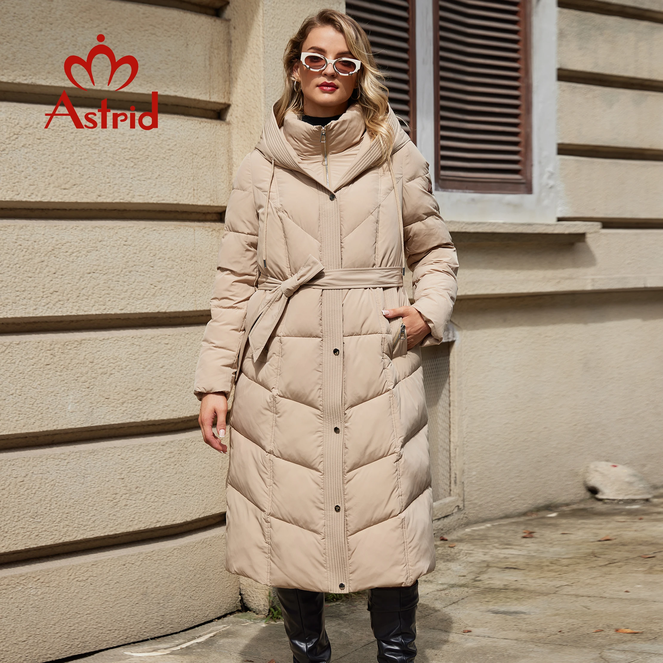 Astrid Winter Women Parka Hooded Belt Thick Warm Cotton Fashion Outerwear Long Down Jacket Quilted Coat Odzież Damska ZR-30216