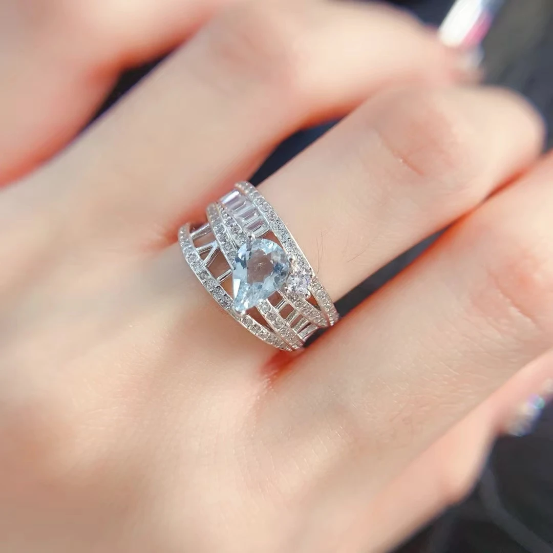 KJJEAXCMY bague aigue-marine naturelle argent S925, processus de couleur de verrouillage électrolytique, haute clarté pleine de lustre Test de Support