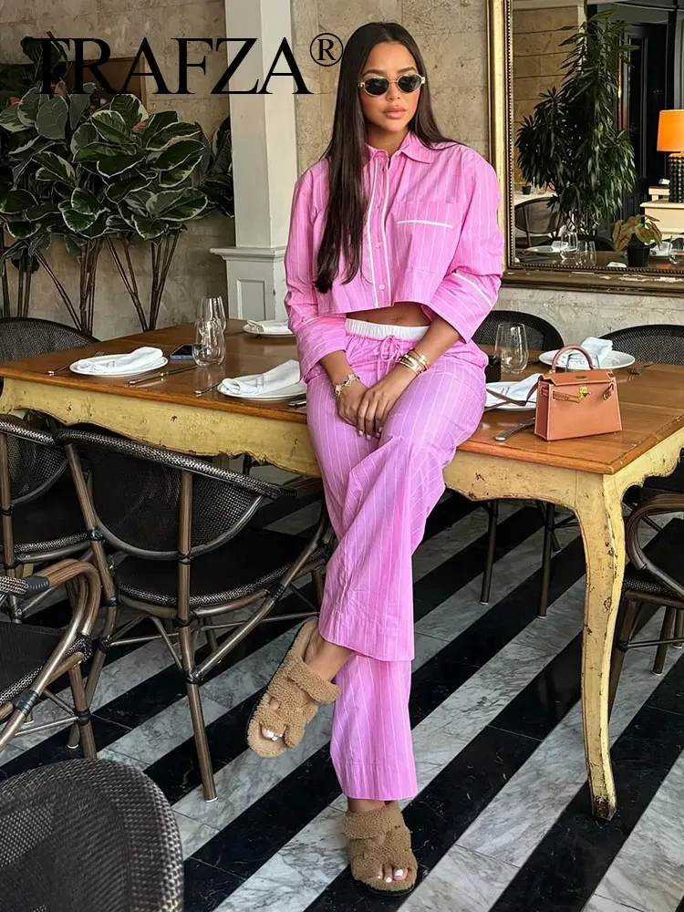 TRAFZA 2024 Female Street Fashion Pink Stripe Pant Suit Long Sleeves Lapel Cropped Blouse+Drawstring Patchwork Wide Leg Pants