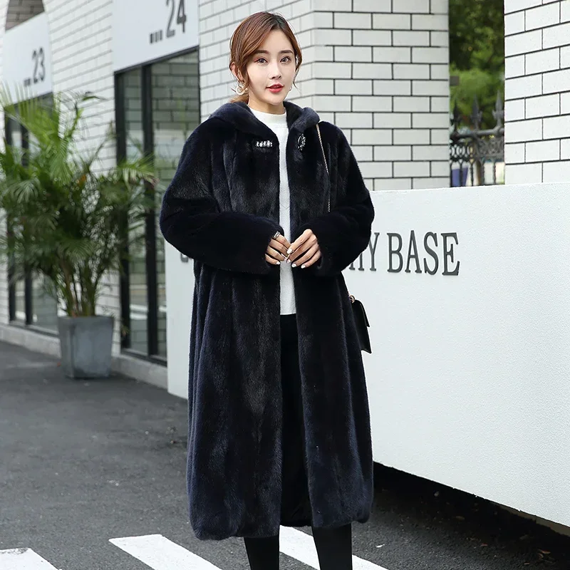 Prawdziwe futro z norek Płaszcze zimowe 2024 Luksusowe futro damskie Ciepłe kurtki z futra norki dla kobiet z kapturem Długa 110cm Casacas Para Mujer SGG