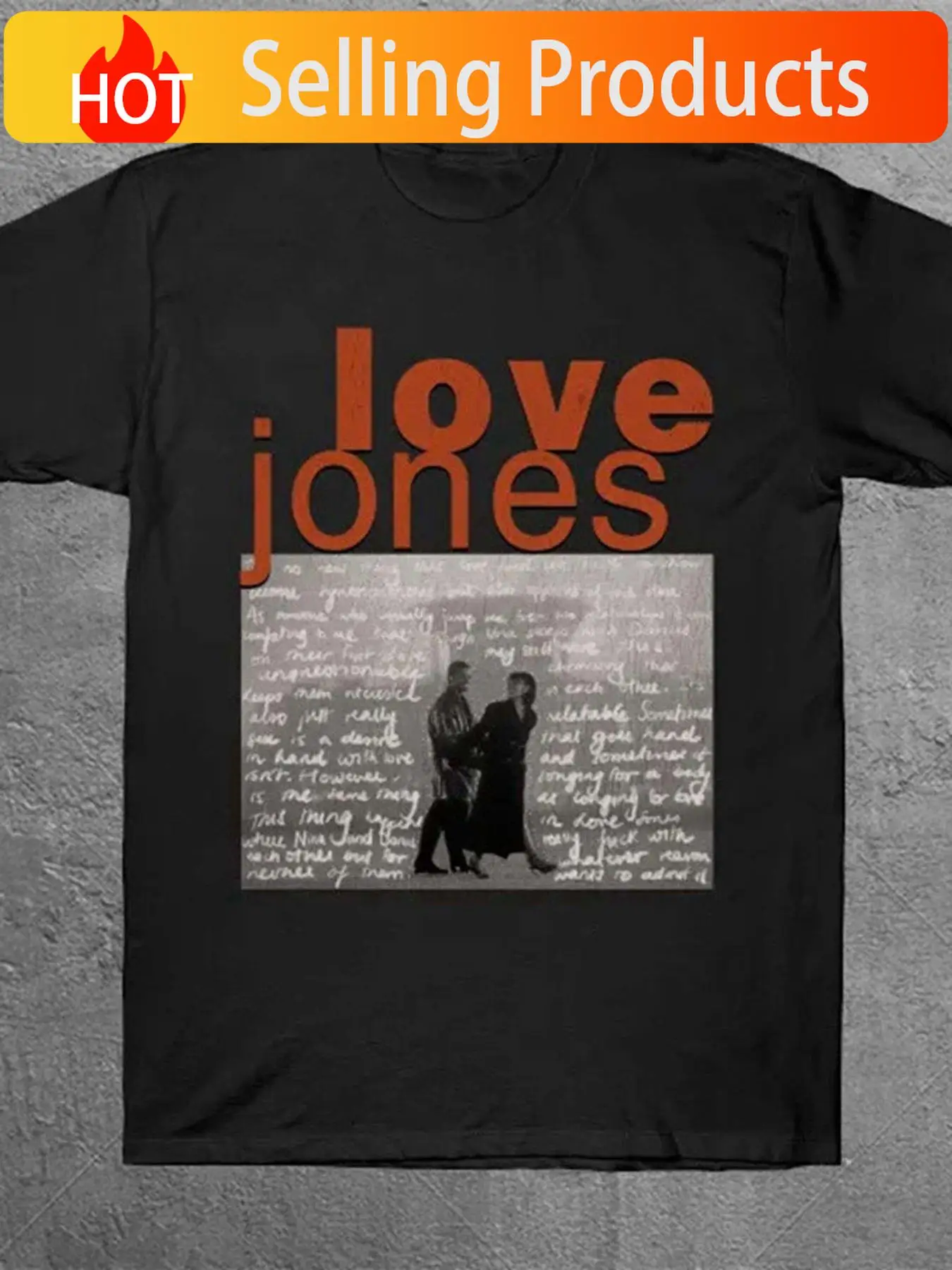 Bold Love Jones T-Shirt with Vintage Photography - Stylish Black Tee featuring Eye-Catching Orange Lettering and Artistic Backgr