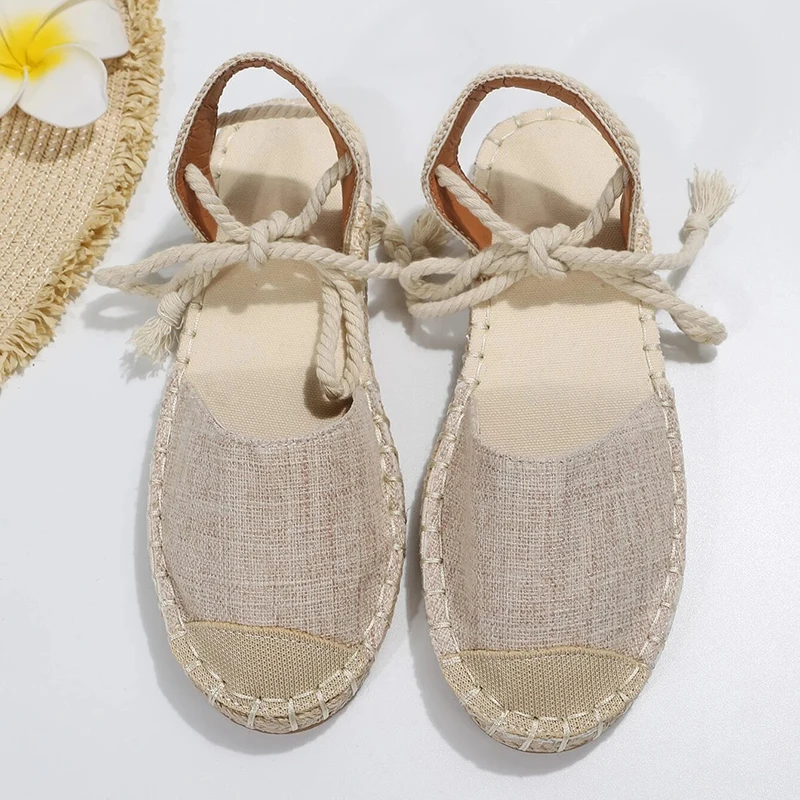 Lace-up Flats Summer Sandal Elegance Women Comfy Shoes Fastener Ankle Strap Espadrilles Linen Vacation Flats Sandals