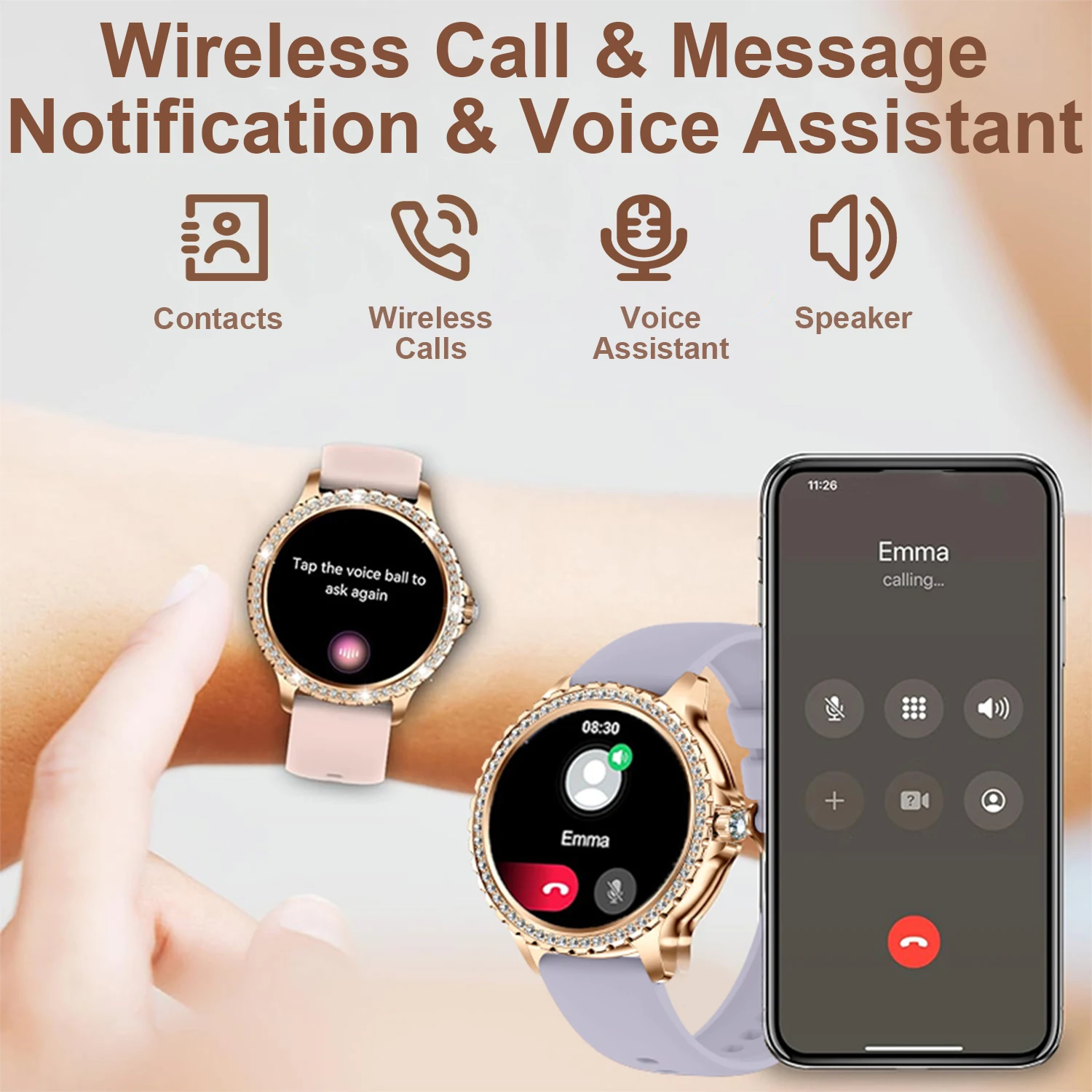 ساعة ذكية للنساء - جهاز تتبع اللياقة البدنية بشاشة لمس 1.32 بوصة مع مكالمات لاسلكية، وعرض وقت الموسيقى، وعد الخطوات