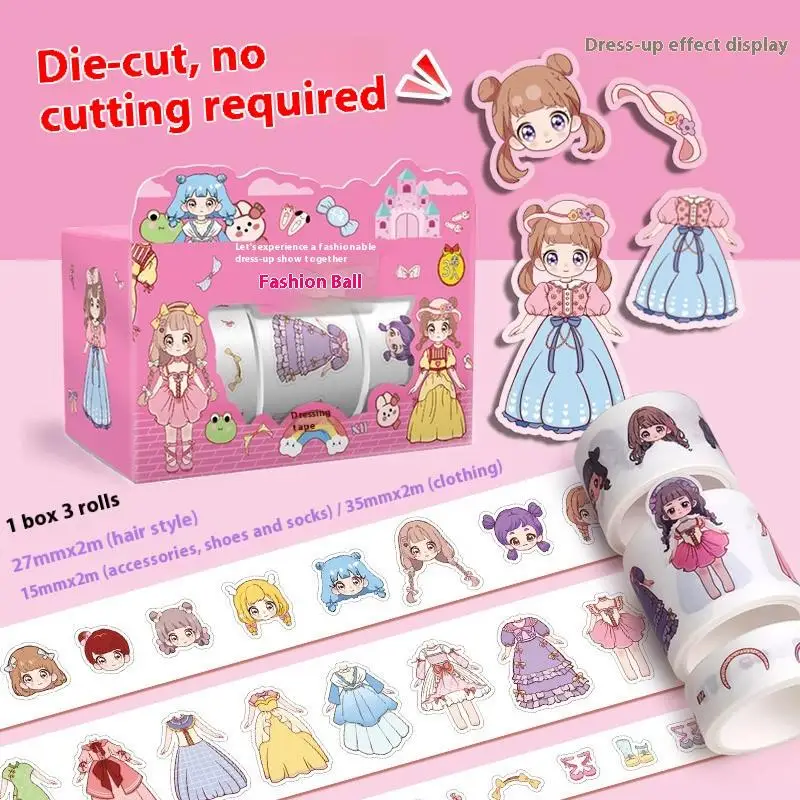 Cute Princess Dress Up Waterproof Sticker Girl Cartoon  Tape Set Cute Children's Handbook Character Decoration Sticker