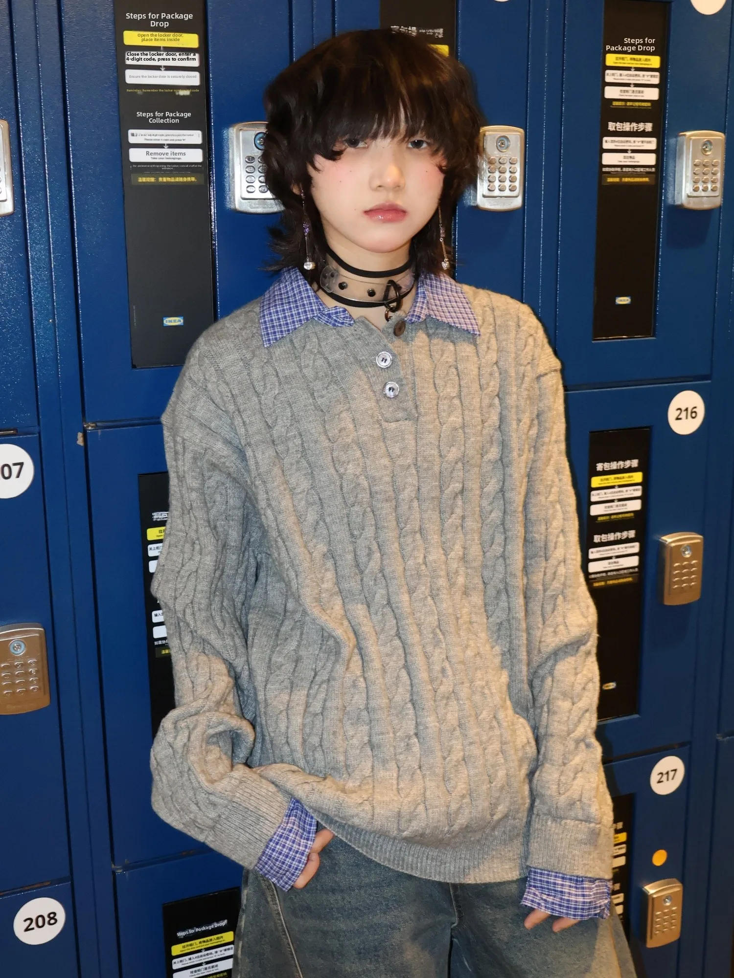 

adow Pl American Retro Twisted Knit Fake Two-Piece Sweater ex Plaid Patchwork Classic Knitted irt Trendy