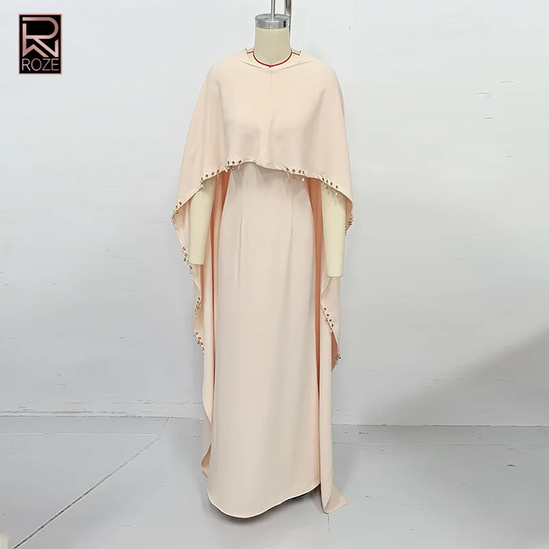 Vestido largo beige para mujer con manga tipo capa: elegante vestido formal con cuello redondo para invitados de boda, ropa de fiesta de noche fluida y holgada