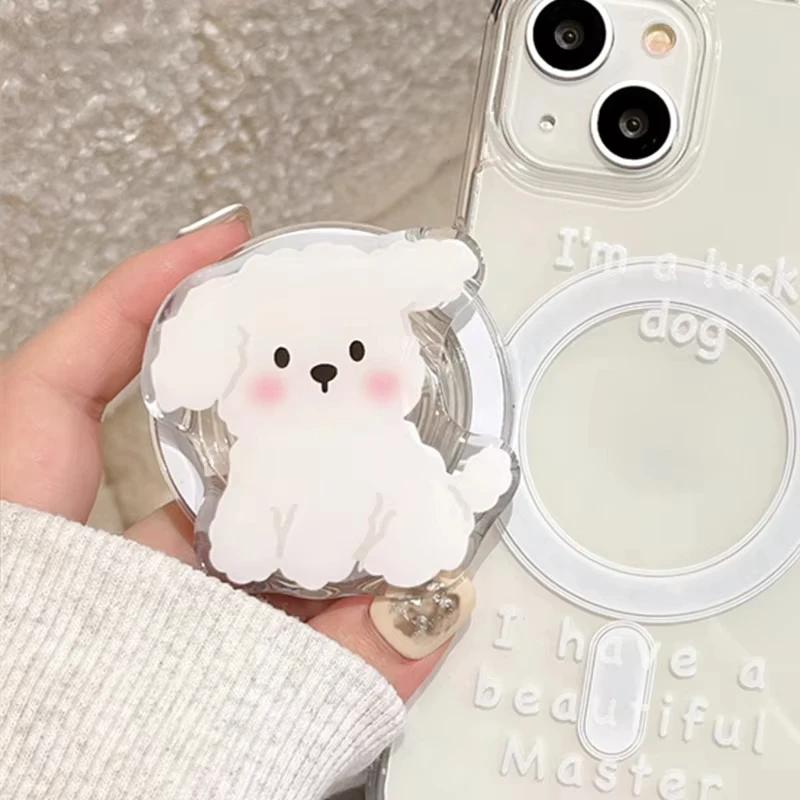 Korean Cute White Puppy For Magsafe Magnetic Phone Grip Tok Griptok Stand For iPhone 15 14 13 Wireless Charging Case Holder Ring