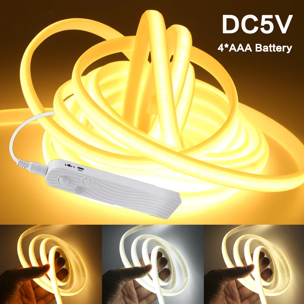 Battery Power COB LED Strip with PIR Motion Sensor DC5V 320Leds/m Flexible LED Neon Light IP67 Waterproof High Bright LED Tape