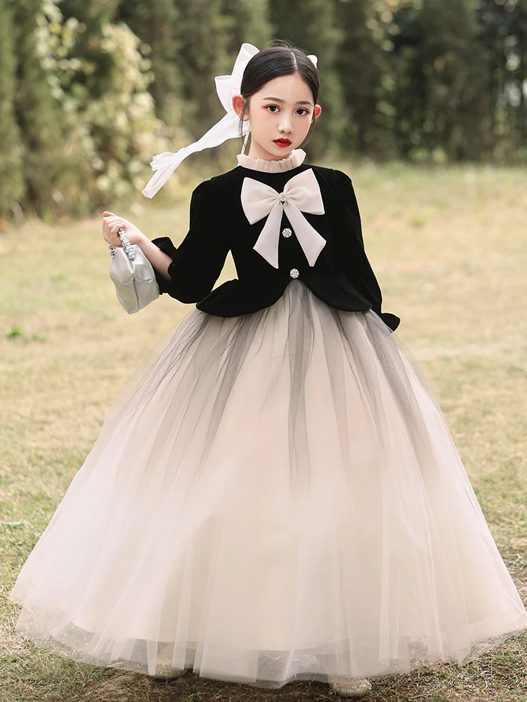 Dziewczęca sukienka księżniczki z wysokim kołnierzem i kokardą na piersi z długim rękawem do podłogi Elegancka sukienka dziecięca Sukienka dla młodszej druhny/Niestandardowe