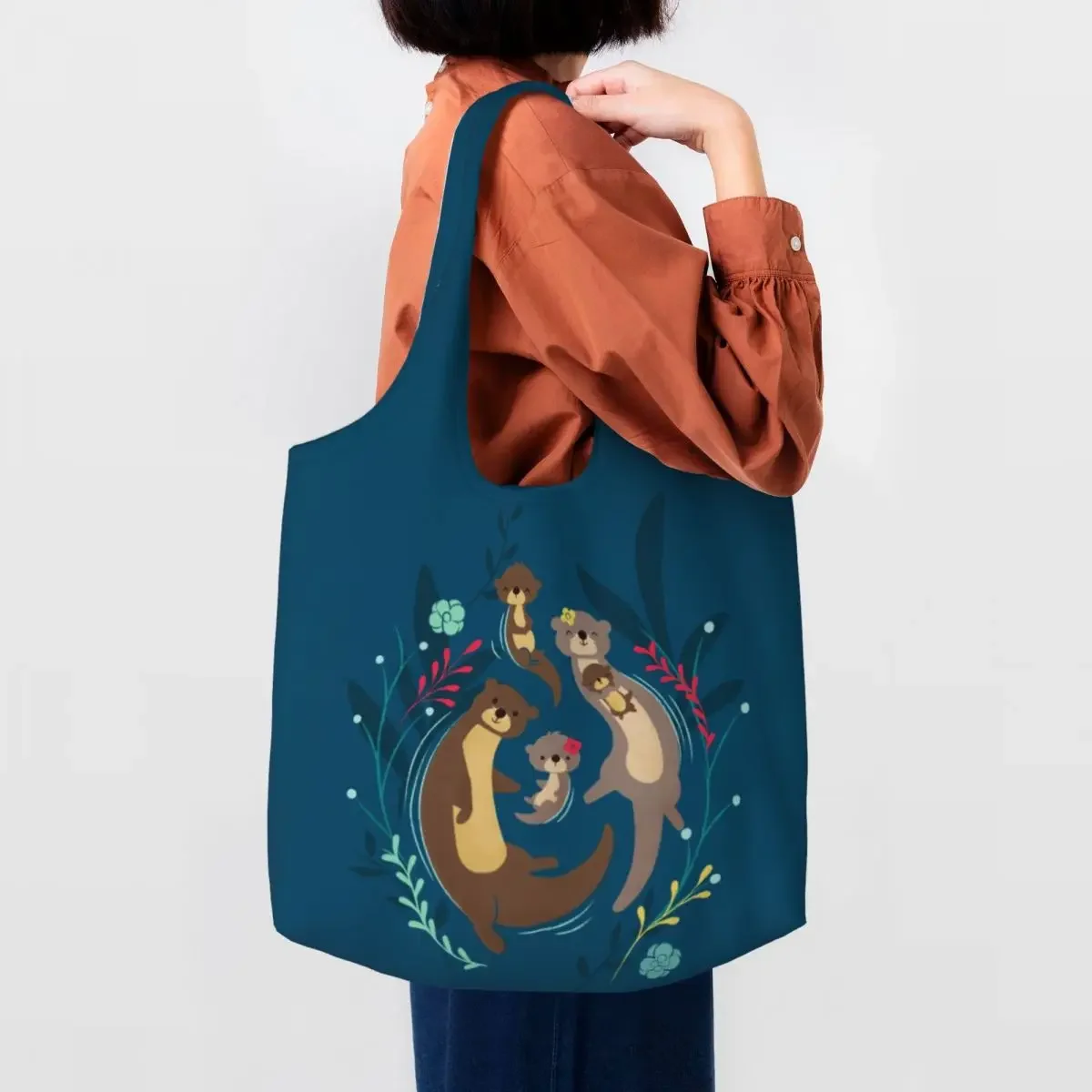 Otter Family Shopping Bag Women Shoulder Canvas Tote Bag Durable Kawaii Pet Otters Grocery Shopper Bags Photography Handbag