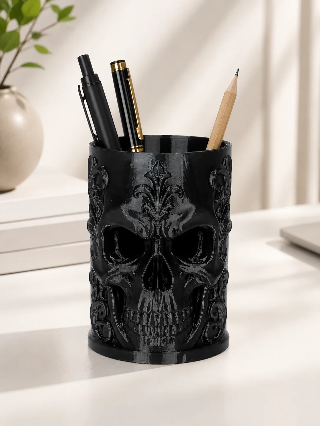 Office Table Accessories Unique - Einzigartiges Schreibtisch-Accessoire: Gothic-Ästhetik Totenkopf-Stiftehalter, Geschnitzter Totenkopf-Bleistifthalter,
