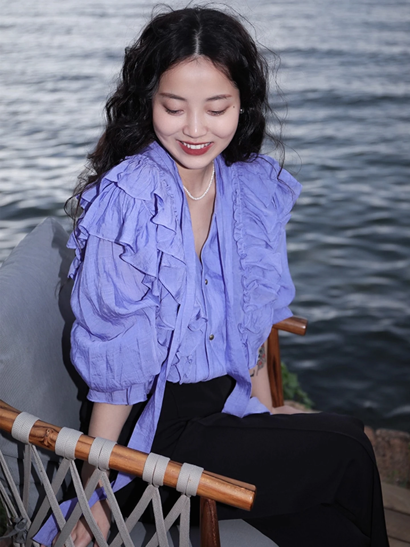 Clothland Women Sweet Ruffled Blouse Lace Tie V Neck Long Sleeve Loose Style Shirt Female Chic Tops Blusa Mujer LB336