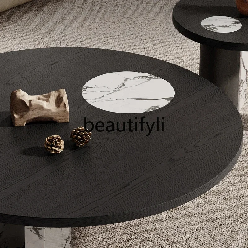 Mesa de centro minimalista italiana a56, laje de rocha, sala de estar, criativa, madeira fumada, couro, combinação redonda
