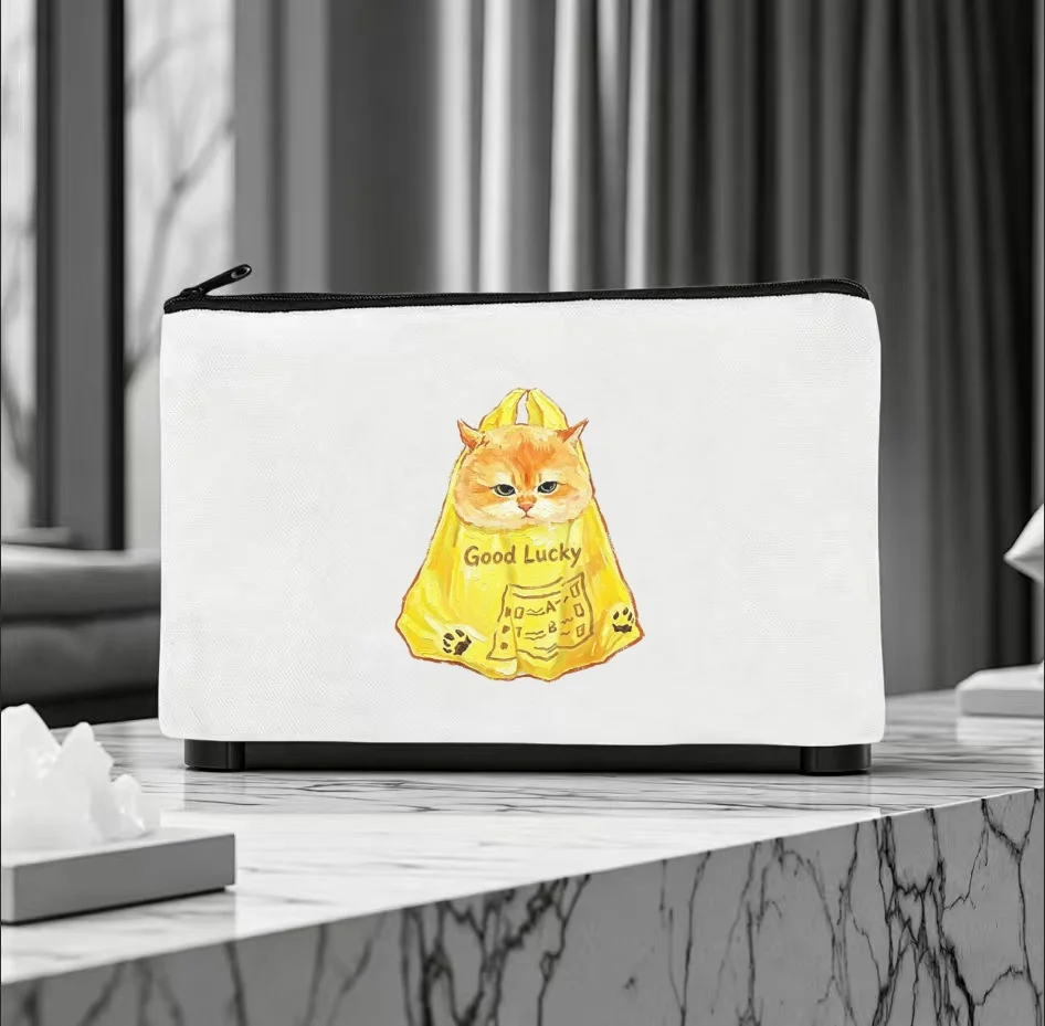 1PC Funny Fortune Bag Tabby Cat Good Lucky Text Print Makeup Bag Double Sided Canvas Daily Storage Organizer