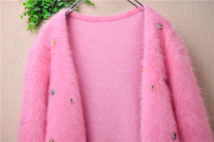 04 Female Women Fall Winter Clothing Pink Beading Hairy Angora Rabbit Hair Knitted Long Sleeves Slim Cardigans Jacket Sweater