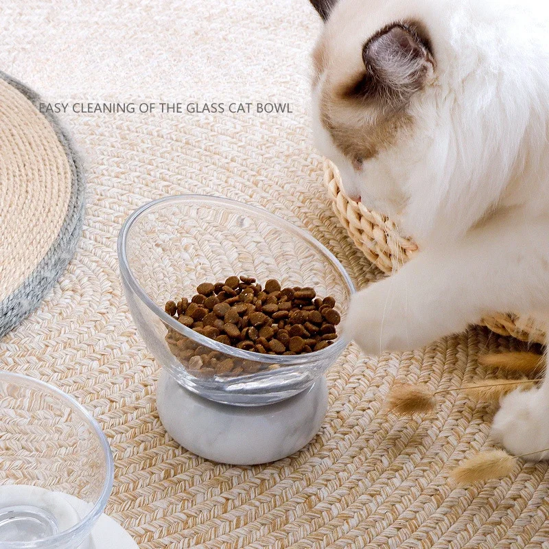 Marble Glass Pet Bowl for Cats and Dogs  Anti Flip Food Bowl Drinking Feeders Neck Protection