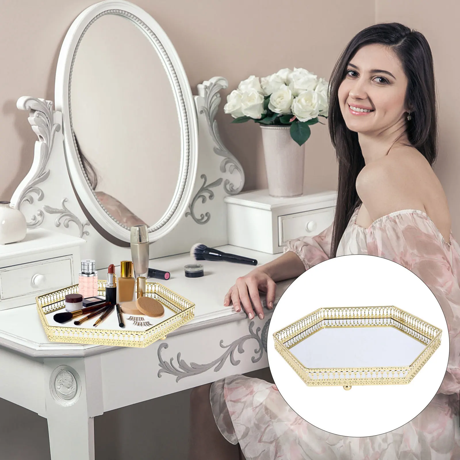 

1Pcs Hexagonal Iron Mirror Storage Tray Cosmetics Jewelry Holder European Style Glass Tray Decorative Organizer