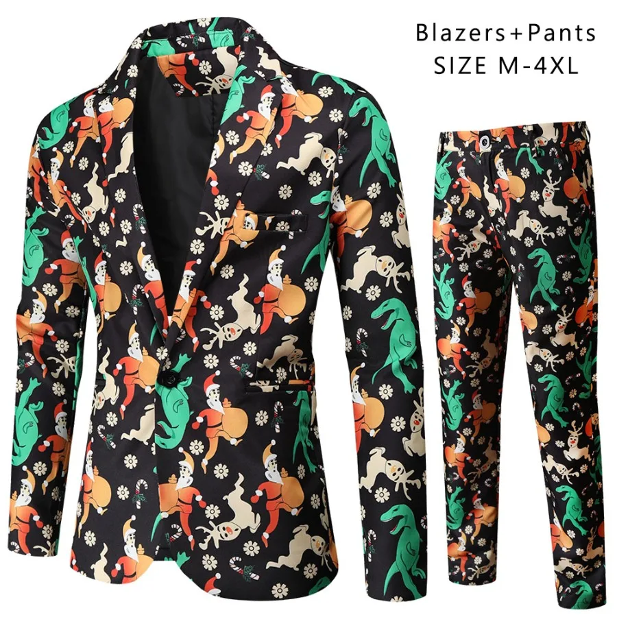 Christmas Party Men Two Pieces Regular Fit Suit Sets Snowflake Santa Claus Printed Blazer Jacket Pants Men Uniform Sets for Xmas