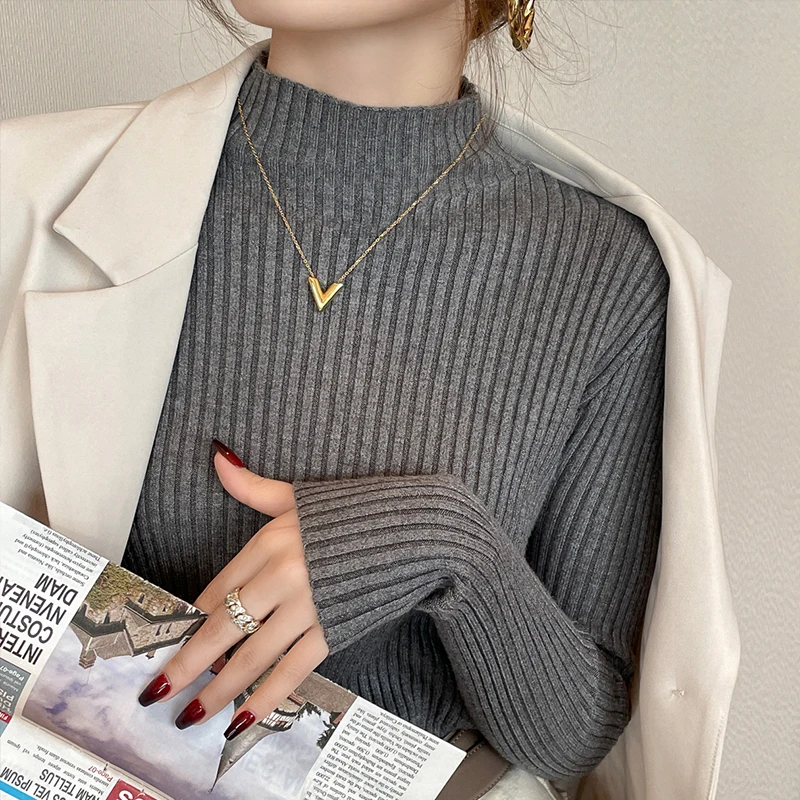 Mode Langarm Gestrickte Pullover Frauen Pullover Mock Neck Schwarz Weiß Stricken Pullover Pullover Frauen Tops Sueter Feminino Q985