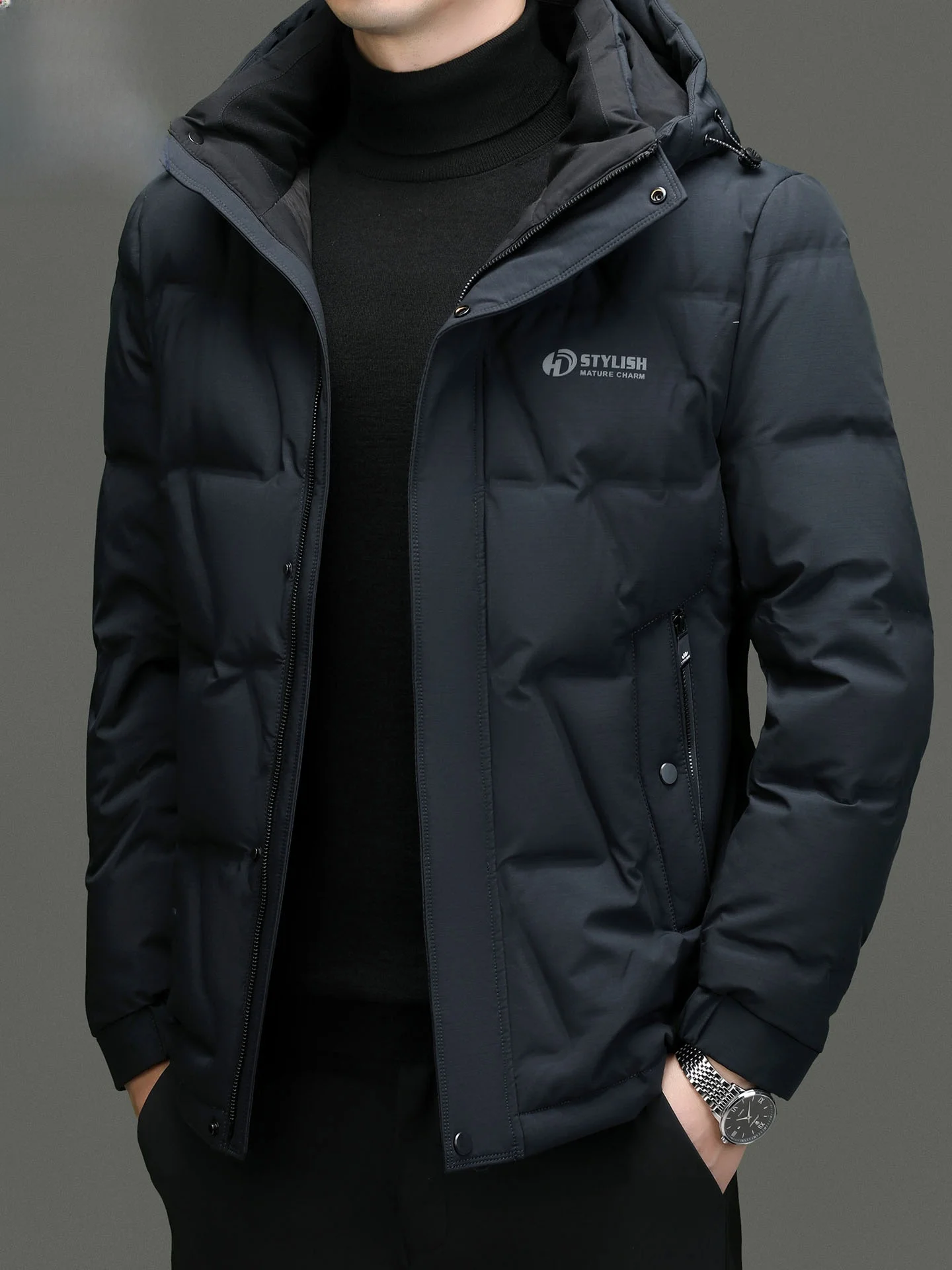 

Men's ort Thiened Detachable Hood down Jaet Woodpeer 2025 Winter Warm Polyester Fiber Casual Sle Zipper Closure