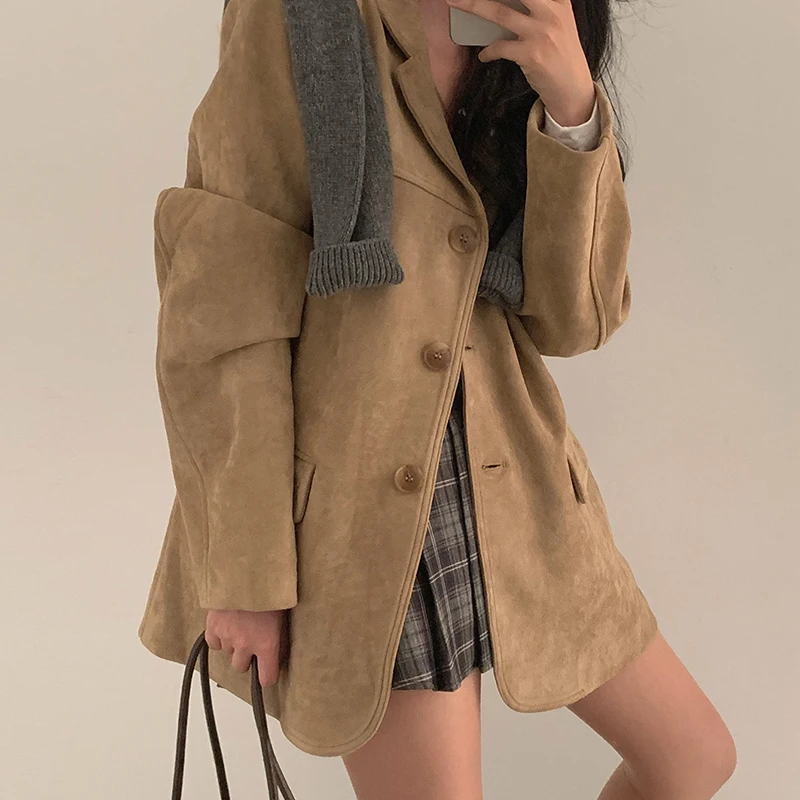 

Chic Vintage Double ket Long Sve Loose Versatile Merlot Color Suit Jaet for Women Commute Sle Thiened Autumn New