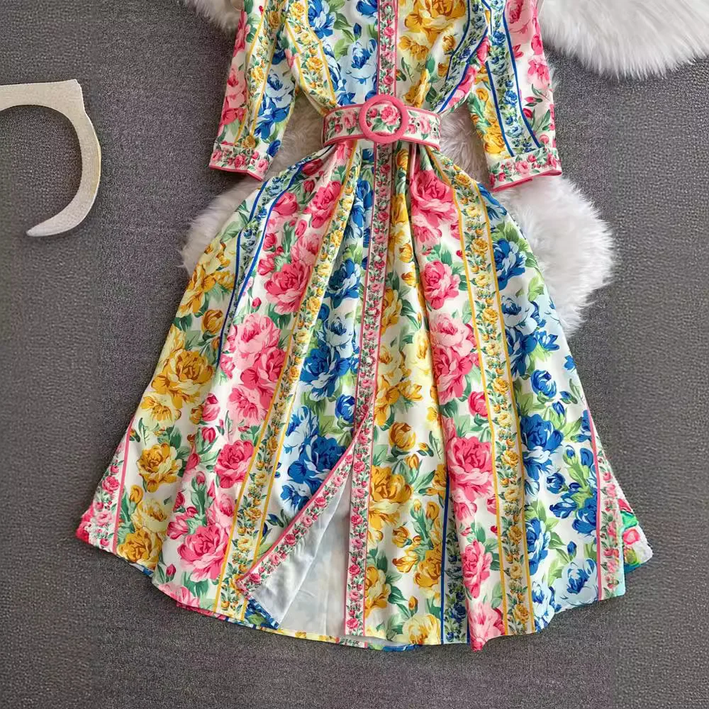 Bohemian Style Party Dress Women Lapel Short Sleeved Printed Floral Dresses Ladies Spring Summer Elegant Slim A-line Midi Robe
