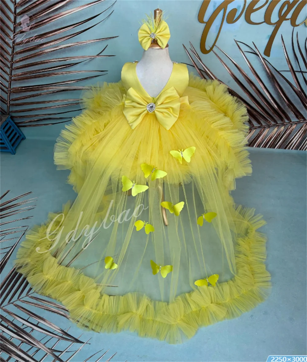 Disfraz de niña pequeña, vestido de niña de flores con lazo tridimensional esponjoso para eventos formales, bolas de cumpleaños, damas de honor personalizadas